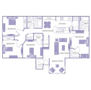 4 bed 2 bath floor plan, kitchen, dining room, living room, bonus room, 2 walk-in closets, 3 closets, 2 storage closets, washer and dryer in unit
